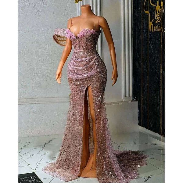 Pink African American Prom Dresses For Black Girls Sweetheart Sequins Pearls Slit Aso Ebi Robe De Soiree Evening Gown Customized