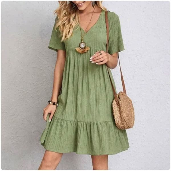 Women Summer Peplum Dresses Spring VNeck Short Sleeve Loose Waist Ruffle Vocation w260318