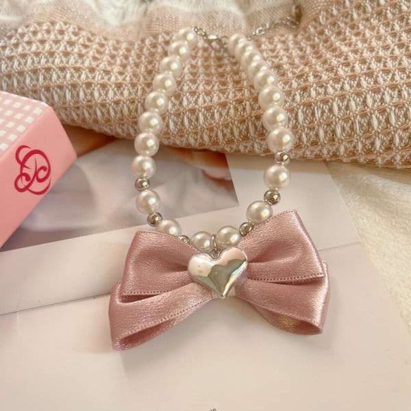 Famous brand INS Pearl Necklace Heart Korean Pink Bow Princess Style Cat Dog Neck Small Pet Accessories pupakaIK