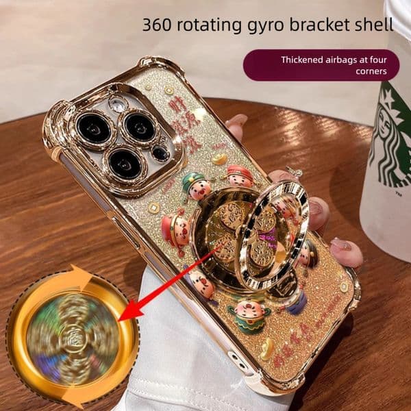 Designer Luxury 360 Rotating Fidget Spinner Phone Premium Gold Glitter Lucky God Pattern Shockproof Cover With Stand High-end Case For Applicable To Iphone