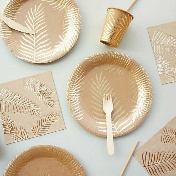 Disposable Kraft Paper Tableware Set Golden Colored Palm Leaf Pattern Plate Cup Towel Straw Party Decor Wedding Birthday Cutlery X260402
