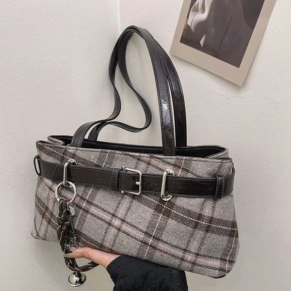 Fashionable Retro Soft PU Leather Checked Shoulder Bags Large Capacity Bags for Women Zipper Cloth Womens Handbags260402BJ