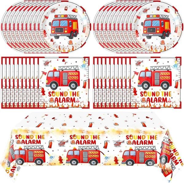 Fire Truck Party Paper Plate Cup Napkin Fire Tablecloth Happy Birthday Banner Childrens Firefighter Themed Birthday Party Decor X260402