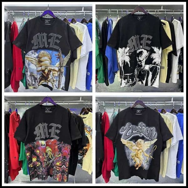 Mixed Emotion Embroidery Rhinestone American Streetwear Angel Print Hot Diamond Top Tee Men Women Clothing H260402