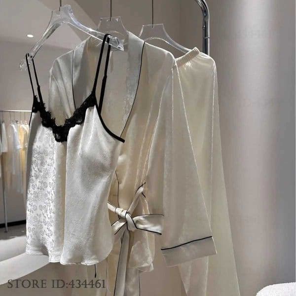 Elegant French Pajamas 3PCS Set Exquisite Jacquard Long Sleeve Cardigan Cami Trouser Suits Spring Summer Nightwear Homewear