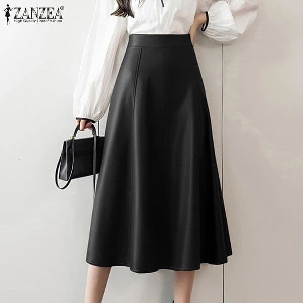 ZANZEA Autumn Women PU Lady Skirt Fashion Leather High Waist Office Elegant Midi Jupes Solid Waisted Party Falda 260331