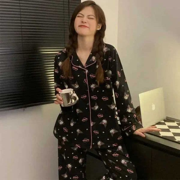 Womens Cartoon Long-sleeved Long Pants Lapel Cardigan Can Be Worn Outside Pajamas Homewear Black Bottom Sweet Pajamas Homewear