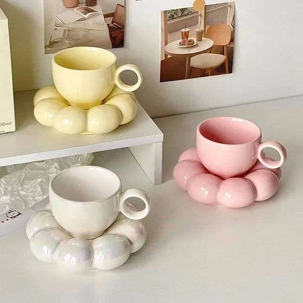 6oz Sunflower Coffee Aesthetic Ceramic Cloud Decorative Saucer Afternoon Tea Water Cup Office Decor Home Mug Drinkware