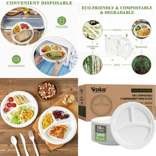 500 Pack 10 Inch 3-Section Compostable Paper Plates Heavy Duty Biodegradable Sugar Cane Fiber Ideal for Daily Use and Events X260402 thumbnail 2