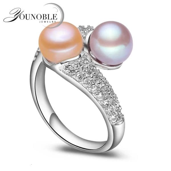 Natural Freshwater Black Double Pearl Ring Woman Exquisite 925 Sterling Silver Ring Adjustable Wife Mother Birthday White 260402BJ
