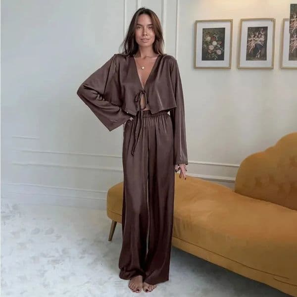 2026 Womens Home Clothes Open Cardigan Belted Sleepwear Loose Long Sleeve Pant Smooth Comfort Spring Street Style 260402BJ