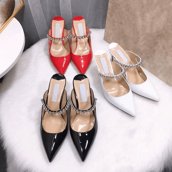 Designer Shoes 2026 Women's Summer New Water Diamond Chain Toe High-heeled Sandals Fashionable and Versatile Pointed Shallow Mouth Flat Shoes Girlfriend Gift 7/9CM