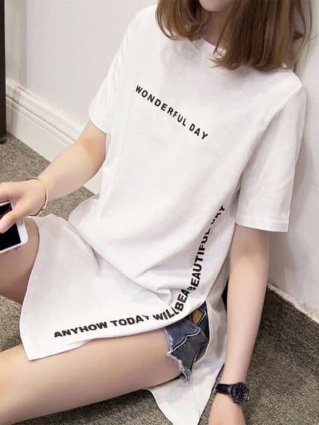 DAY Print Long T shirts Summer Women Loose Slit Femme Tops Tshirt Short sleeve Ladies tshirt 260331