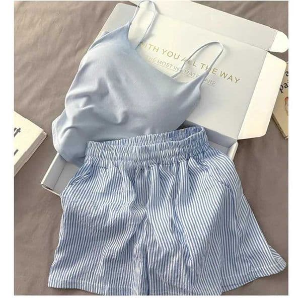 Solid Color Pajamas with Chest Pads Striped Shorts Women Summer Thin Camisole Shorts Loungewear Large Pajamas Two-Piece Set