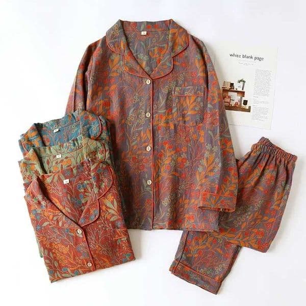 Newest Retro Style Cotton Yarn-Dyed Leaf Printed Long-Sleeved Long Trousers Cardigan Womens Home Wear Two-Piece Pyjama Set