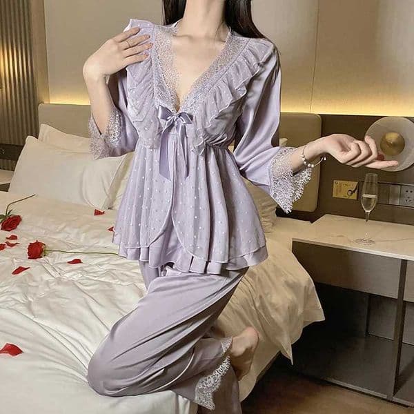 Womens lace satin home sleepwear set deep V sweet lace top pants two pieces of home clothes big size white black purple