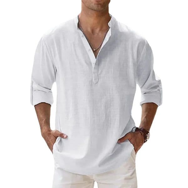 Cotton Linen Mens Short-Sleeved Shirts Summer Solid Color Henley Collar Casual Beach Style Hawaiian Vacation 260401