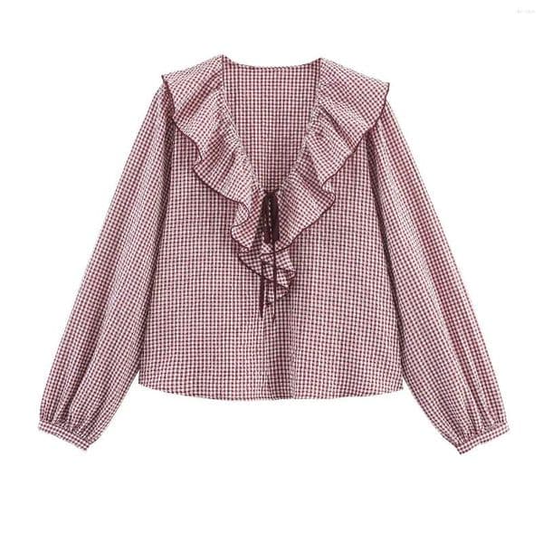 Women's Blouses Shirt 2026 Arrival Casual Fashion Small Checkered Layered Decorative