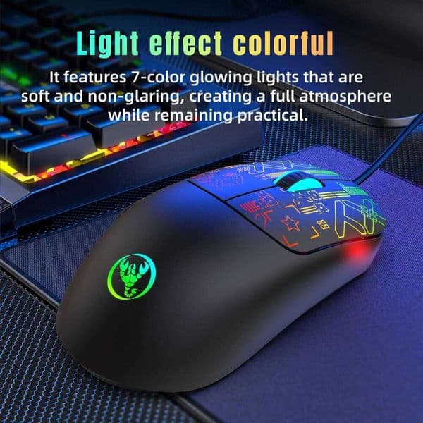 New HXSJ S100 Wired Gaming 6 Buttons Lightweight 7-color Backlight Optical Mouse Plug and Play Ergonomic for Laptop