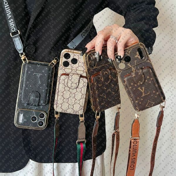 Crossbody Designer Phone Case for Apple iPhone 17 16 15 14 Sleek Pebbled Leather Diamond Chain Strap Card Holder Velvet Lining Hard Shell Back Cover Coque Funda Orange