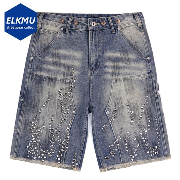 Fire Diamond Denim Shorts Vintage Rhinestone Graphic Short Jeans Men Streetwear Harajuku Hip Hop Shorts 260401