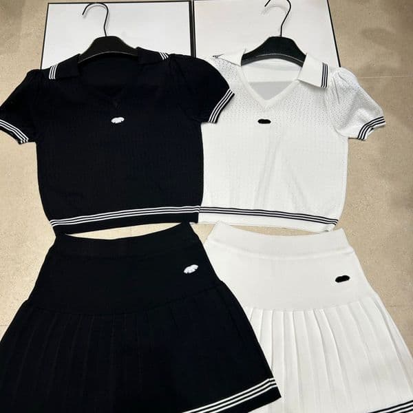 Short-sleeved V-neck shirt set designer Embroidered cocktail dress Pleated short skirt luxury Sexy women short-sleeved dress