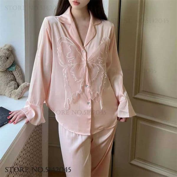 New Female Long Sleeve Pajamas Set Sweet Pink Butterfly Lace Sleepwear Pijamas Suit Spring Autumn Trouser Loungewear Night Wear