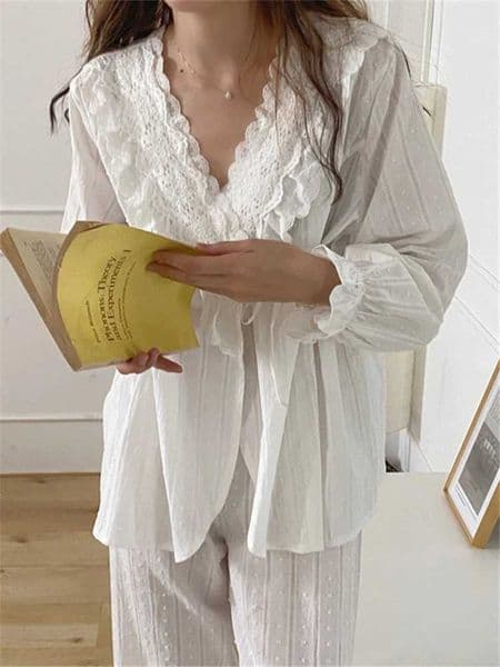 Alien Kitty Korean Autumn Lace Elegant Solid Color 2023 Pajamas Suit Women Cotton Sweet Palace White Sets Style Home Clothes