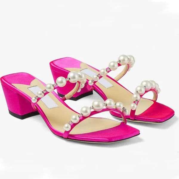 Summer Luxury Amara Women Sandal Pearl Strap Slippers Chunky Heels Square Toe Mule Lady Pumps Dress Party Wedding EU35-43.Box