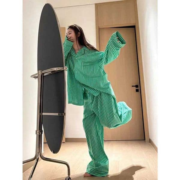 Korean Striped Pajamas Womens Spring and Autumn New Long Sleeve Trousers Loose Casual Loungewear Suit Pants Home Suit 2pcs 2025