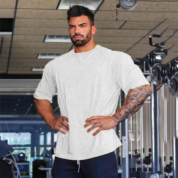 Solid Color Gym Running Sport Clothing Fitness Oversized Loose Cotton Shirt Men Hip Hop Short Sleeve Bodybuilding Muscle T-shirt 260402