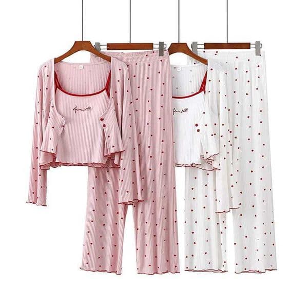 3 Pcs Sleepwear Love Printe Chest Pad Vest Suspenders Cardigan Trousers Comfortable Home Clothes Spring Summer Women Pajamas Set
