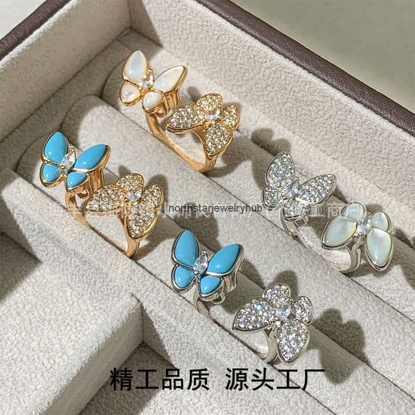 Designer Jewelry Vann cleef V Gold Exquisite Edition Butterfly Ring with White Mother-of-Pearl and Double Full Diamond Butterfly Ring Blue Turquoise Earrings