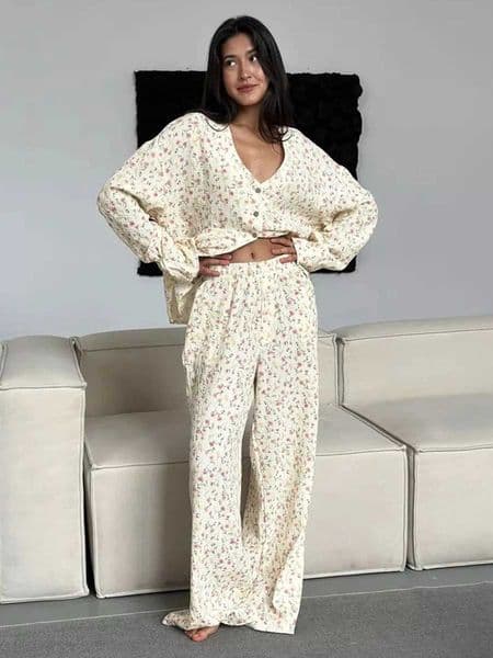 Muzuleva 100 Cotton Printed Cardigan Pajama Set Womens New Autumn Long Sleeved Pants Pajamas Loose Home Clothing 2-piece Set