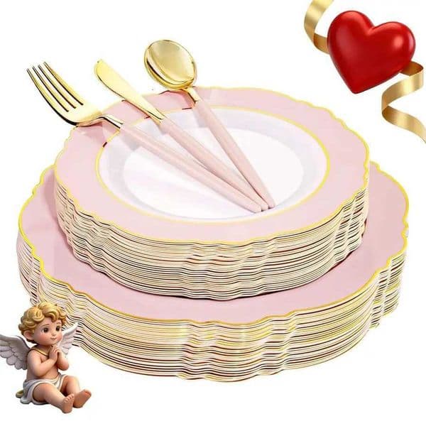 30Guest Pink Plates Disposable Hignend Baroque Design Gold Plastic Silverware with HandleBaroque Pink ampGold Plast Customizable X260402