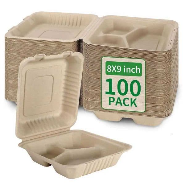 100 Pack 3 Compartment Compostable 8x9 Inch Takeout Lunch Box Containers with Lid To Go Take Out Clamshell for Food Disposable X260402