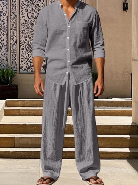 Men s Cotton Summer Outfits Sets Lightweight Breathable Short Sleeve Shirt and Shorts 2 Pcs Set for Beach Vacation 260402