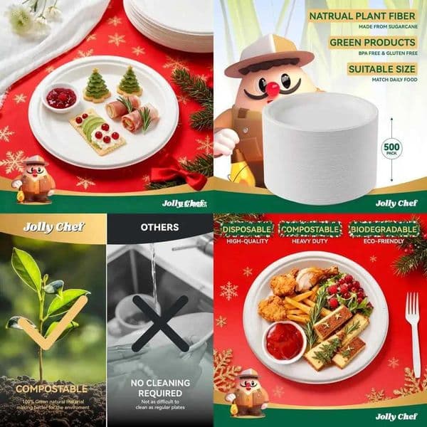 Eco-Friendly Heavy Duty Compostable Plates - 10 Inch 500 Pack Uncoated Paper Biodegradable for Hot Cold Food Suitable for X260402