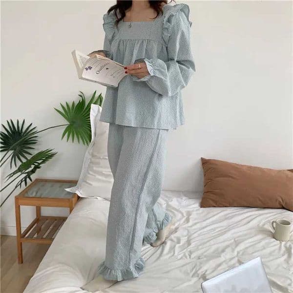 Pajama Set Plaid Homewear Two Piece Set Women Sleepwear Long Sleeve Tops Pants Pyjama Loose Korean Ladies Home Suit Ruffles L617