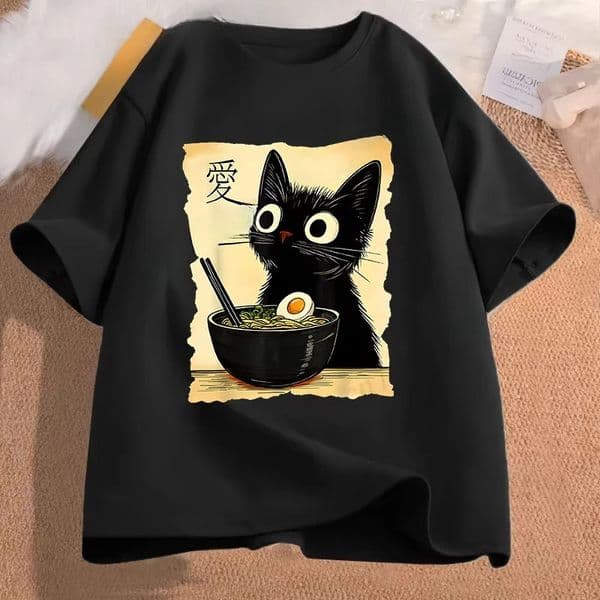 Funny Cat Ramen Graphic Tee Japanese Kawaii Anime TShirt Fashion Tshirts Short Sleeve Clothes Trend Casual Unisex 260331