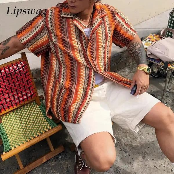 Summer Trendy Mens Striped Knitted Shirts Vintage Hollow Out Knitting Cardigan Tops Vacation Beach Men Casual Short Sleeve Shirt 260401BJ