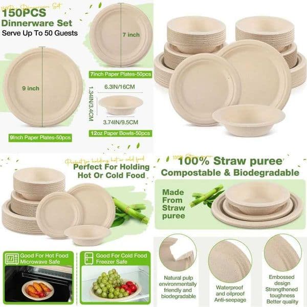 150 Pcs Compostable Paper Plates and Bowls Set 7 Inch 9 Inch Disposable Plate 12oz Biodegradable Bowls for Party Dinner 50perso X260402