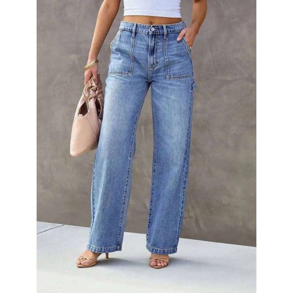 Women's Light Blue Wide Leg Straight-Leg Jeans - Stylish And Comfortable Denim Pants For Effortless Fashion