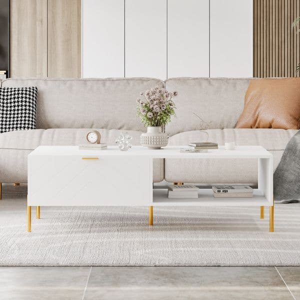 Stylish Minimalist Design Mid-Century Modern Coffee Table with Double Drawers with Two Storage Drawers (White)