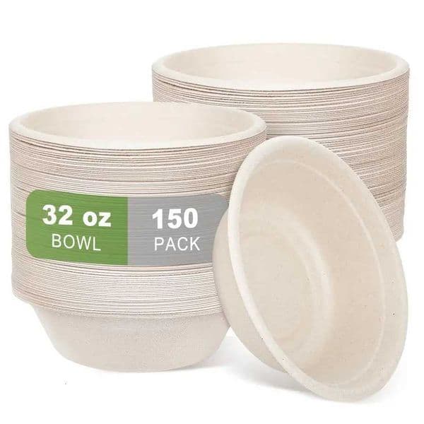 Disposable Paper Bowls32oz for Hot Soup150 Pack EcoFriendly Compostable Bagasse Disposable Heavy Duty Biodegradable Bowls Bulk X260402