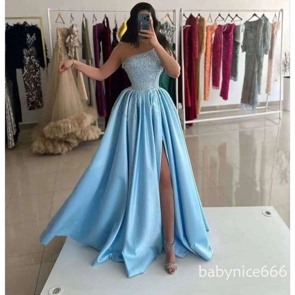 Light Blue One Shoulder Prom Shining Beaded Satin A Line Evening Gowns Front Split Women Formal Party Dress Robe De Soiree