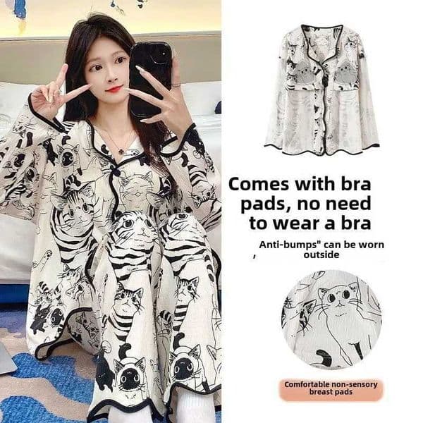 Pajamas with Chest Pads Women Cardigans Long Sleeves Long Pants Cartoon Cute Cat Sleepwear Rainbow Stripes Student Loungewear