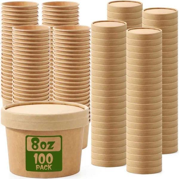100 Pack Paper Soup Containers with Lids Disposable Paper Food Containers with Vented Lid Kraft Ice Cream Cake Dessert Cups Soup X260402