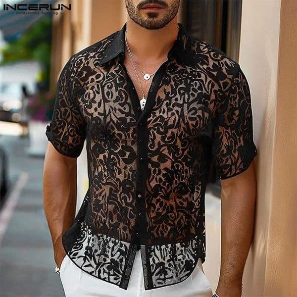 Men Shirt Lace Lapel Short Sleeve Transparent Summer Men Clothing Fitness Streetwear Fashion Party Camisas S-5XL INCERUN 260401BJ