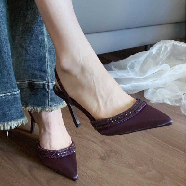 2025 Autumn New Pointed Toe Purple Stiletto High Heel Shallow Mouth Rhinestone Strap Satin Sandals Half Slippers for Women Q260402